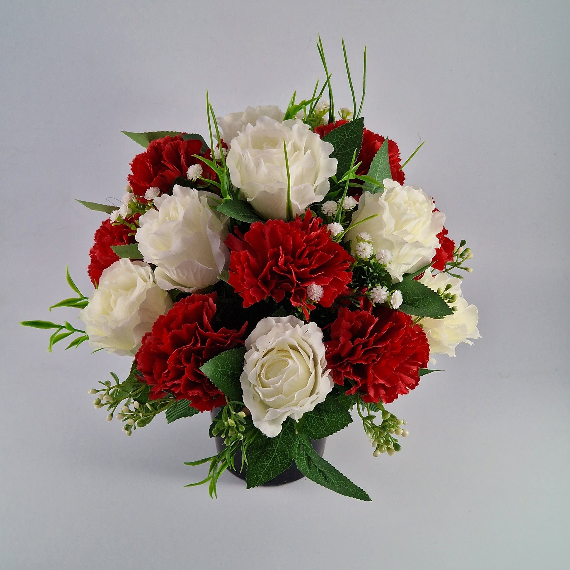 Grave Pot With Artificial Crinkle Rose an Carnation Memorial Pot- Red & White - Amor Flowers