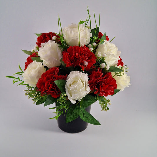 Grave Pot With Artificial Crinkle Rose an Carnation Memorial Pot- Red & White - Amor Flowers