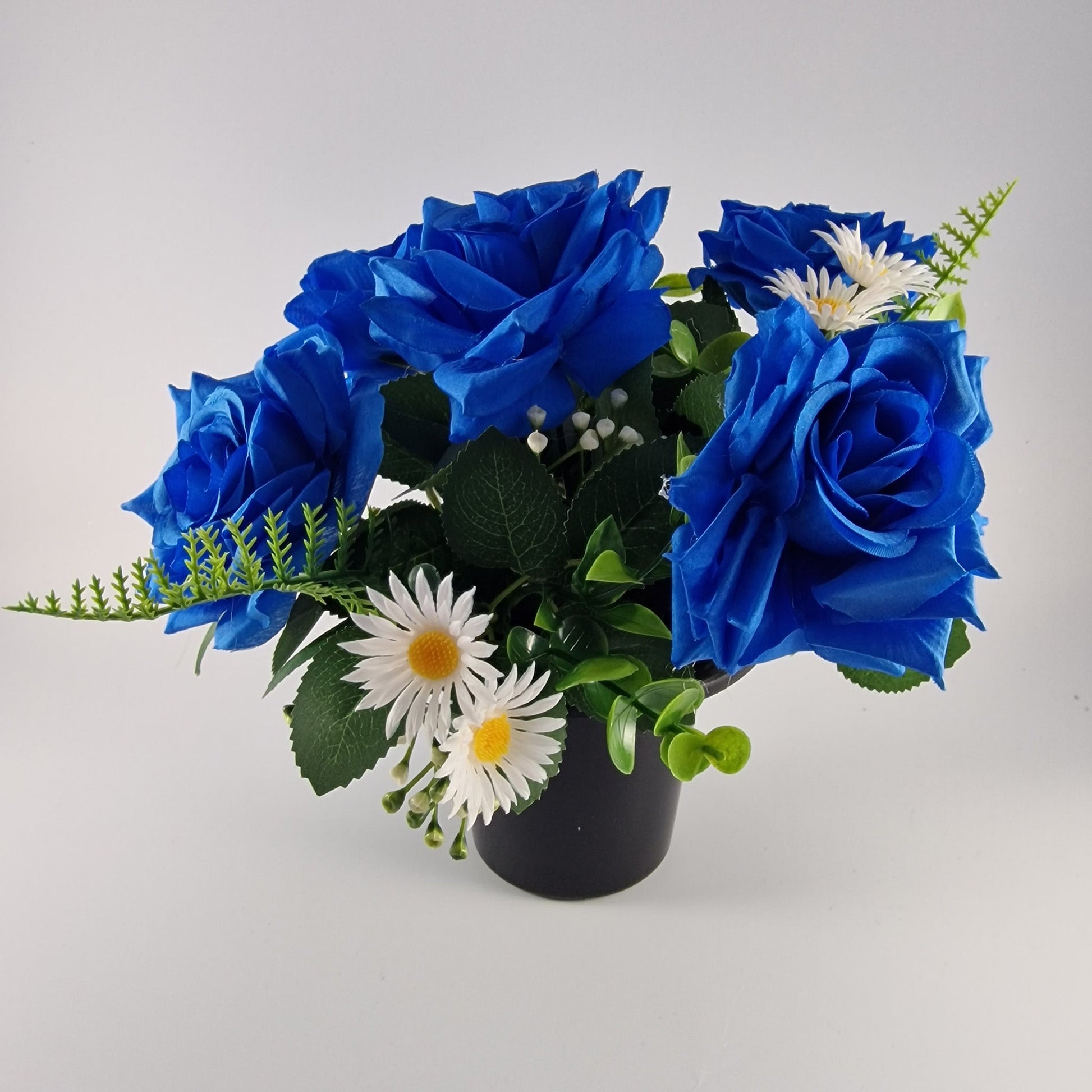 Memorial Cemetery Pot with Blue Roses, Daisies Amor Flowers