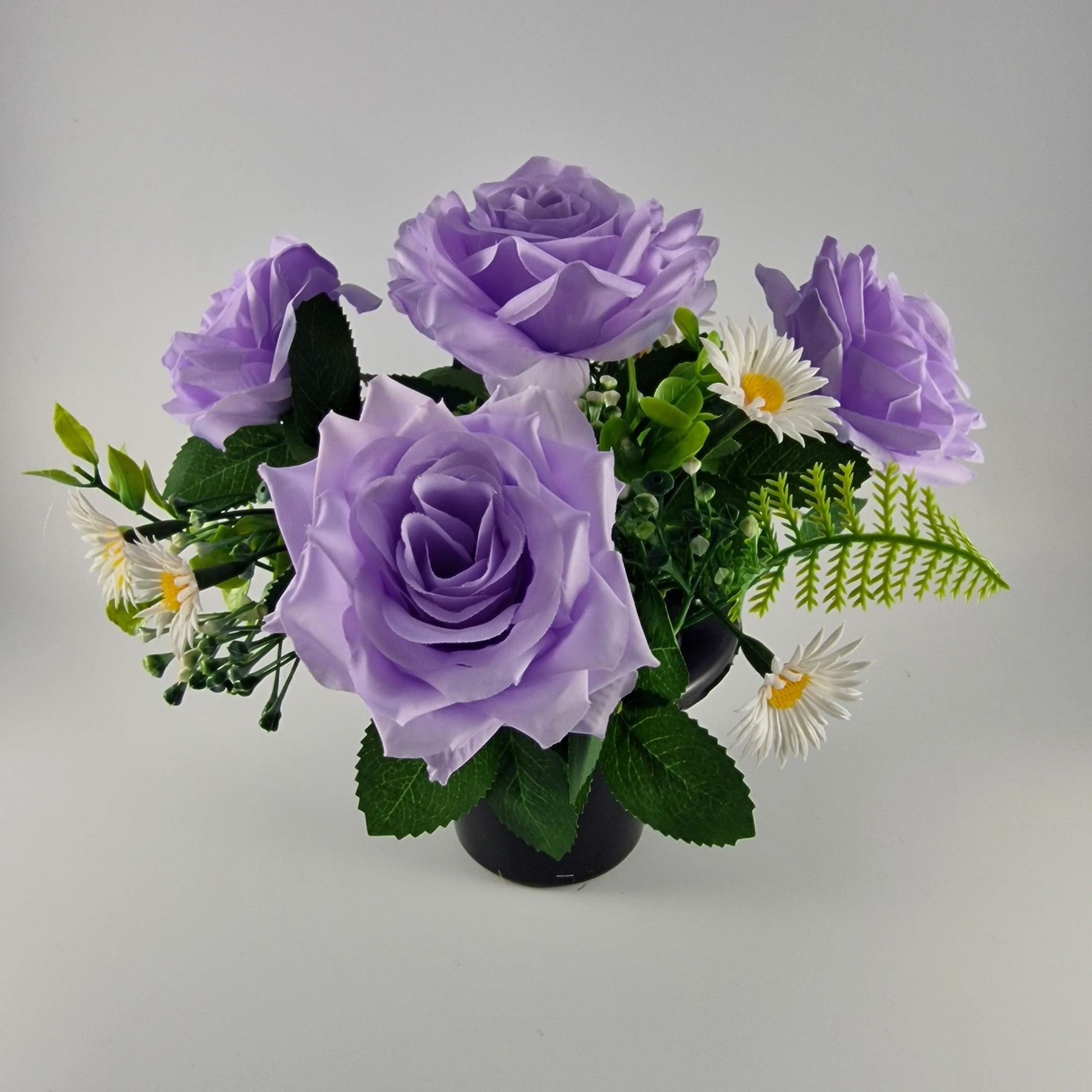 Memorial Grave Cemetery Pot with Lilac Roses, Daisies and Foliage - Amor Flowers