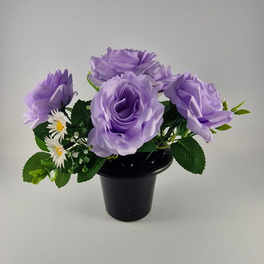 Memorial Grave Cemetery Pot with Lilac Roses, Daisies and Foliage - Amor Flowers