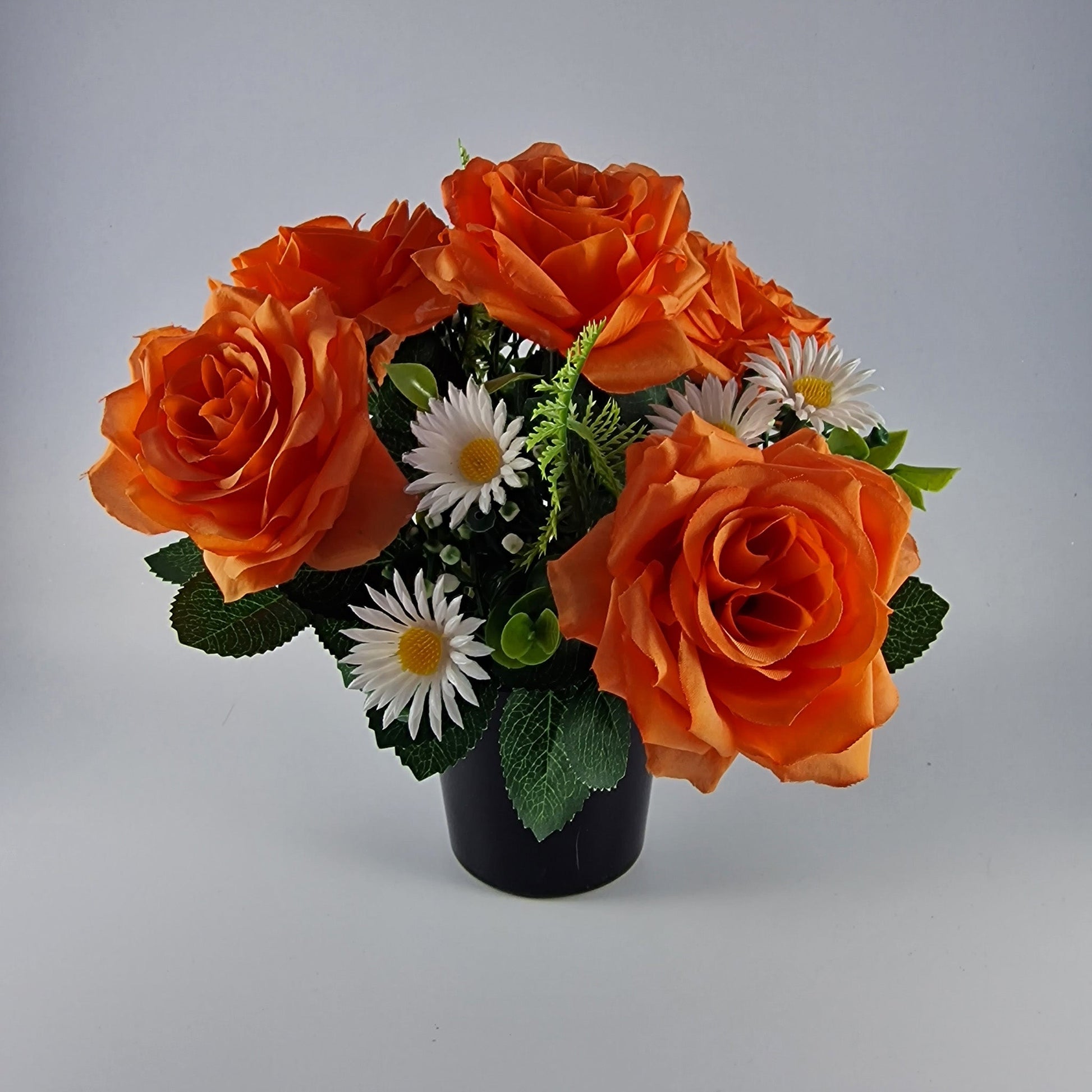 Memorial Grave Cemetery Pot with Orange Roses, Daisies and Foliage - Amor Flowers