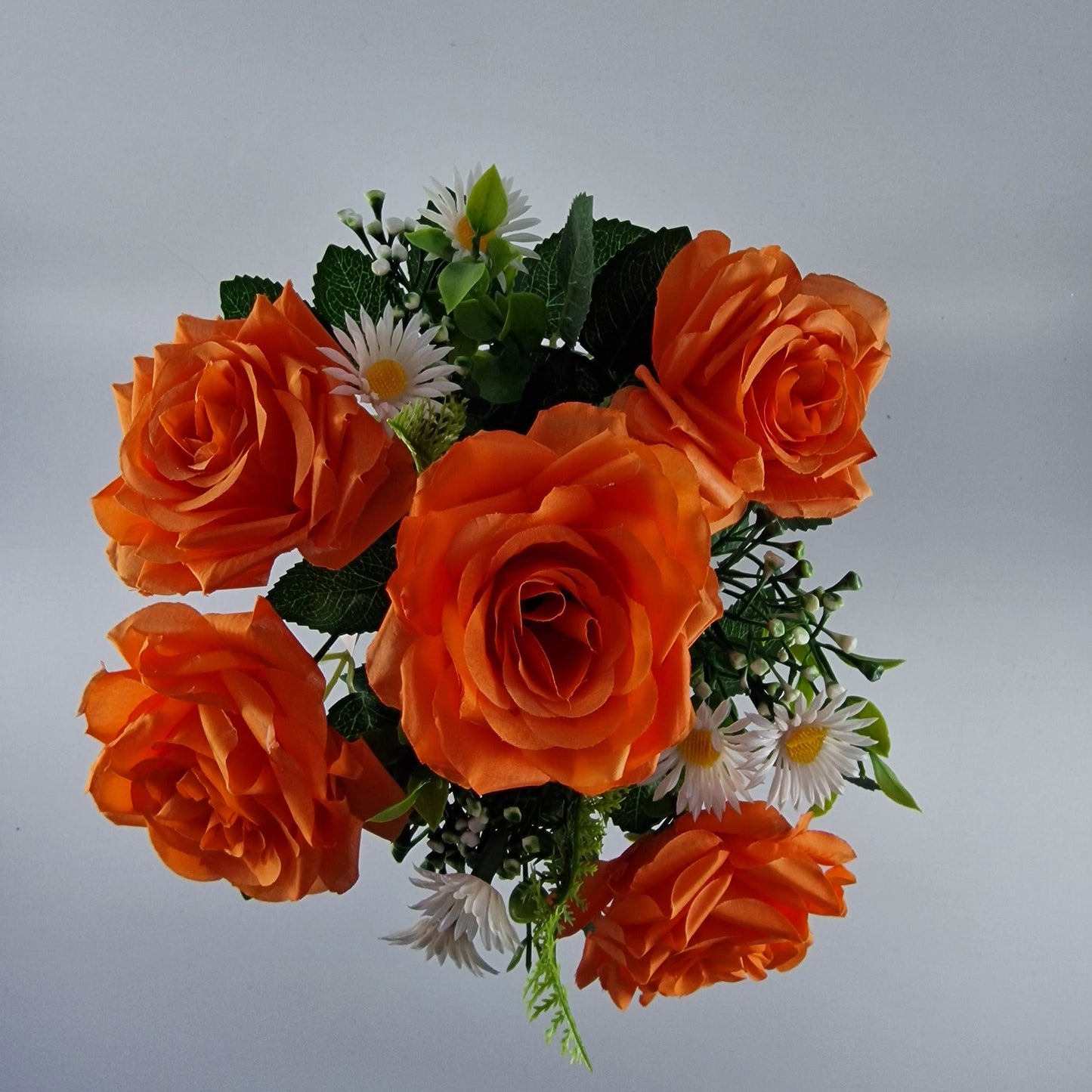 Memorial Grave Cemetery Pot with Orange Roses, Daisies and Foliage - Amor Flowers
