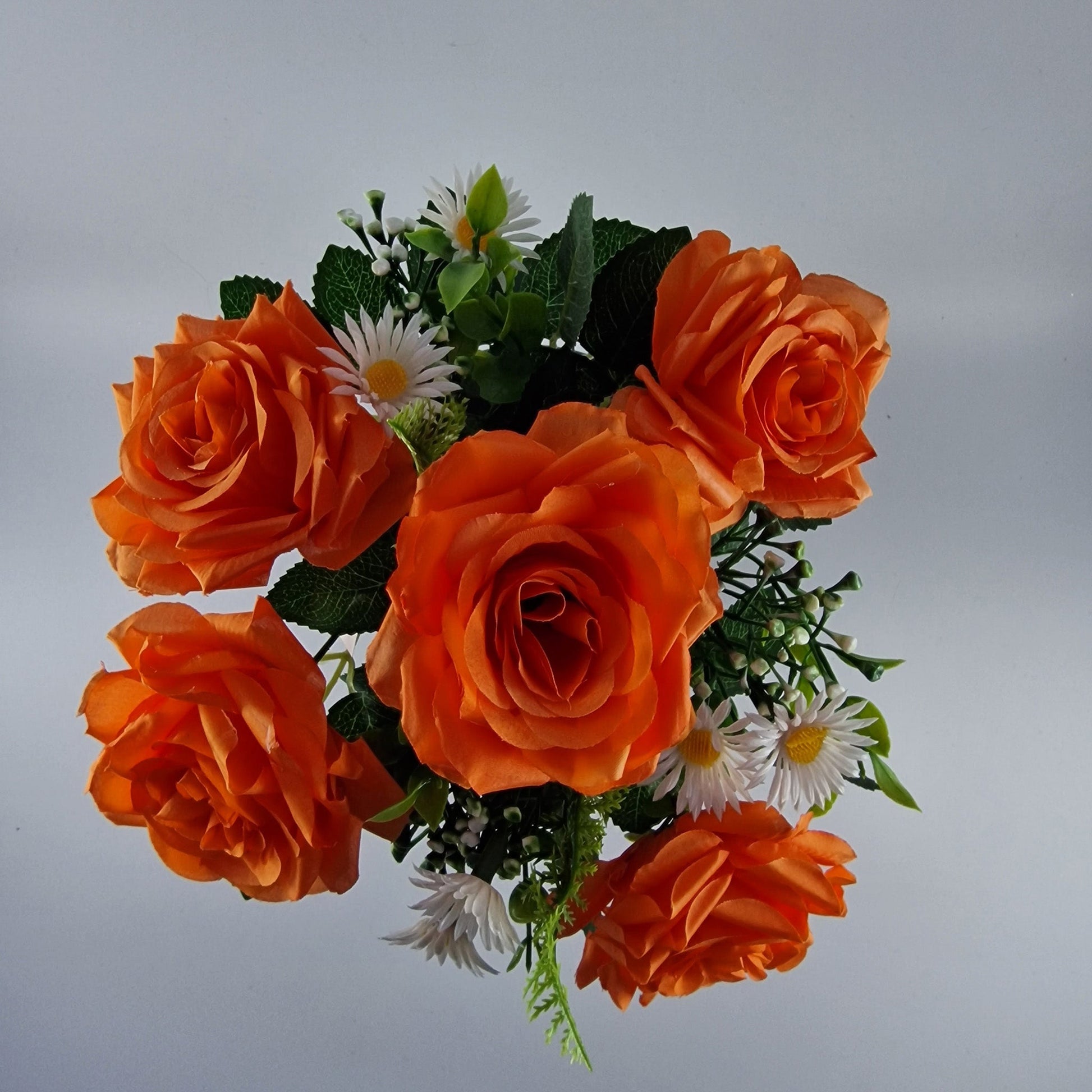 Memorial Grave Cemetery Pot with Orange Roses, Daisies and Foliage - Amor Flowers