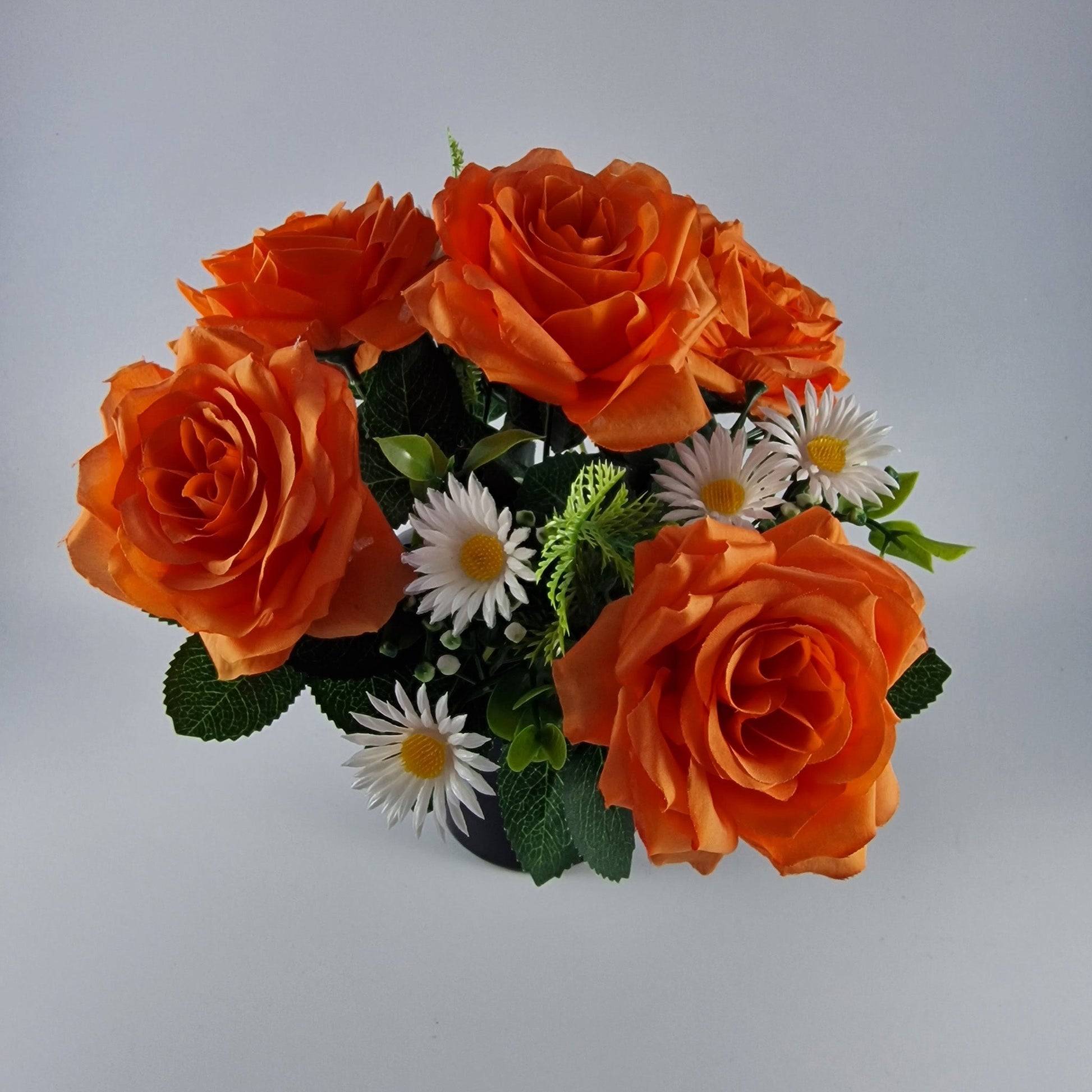 Memorial Grave Cemetery Pot with Orange Roses, Daisies and Foliage - Amor Flowers