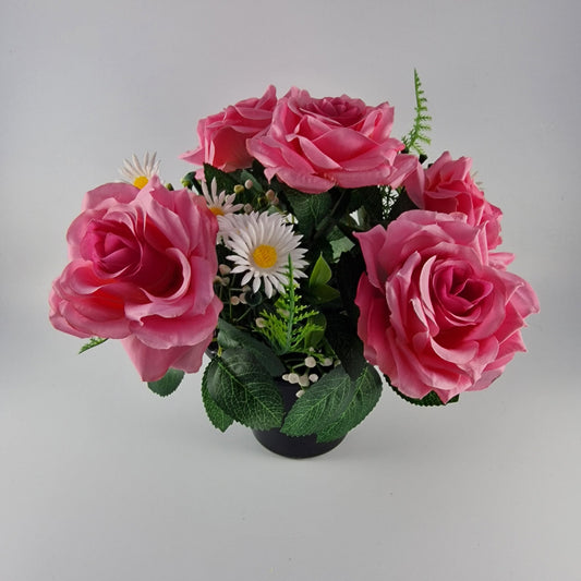 Memorial Grave Cemetery Pot with Pink Roses, Daisies and Foliage - Amor Flowers