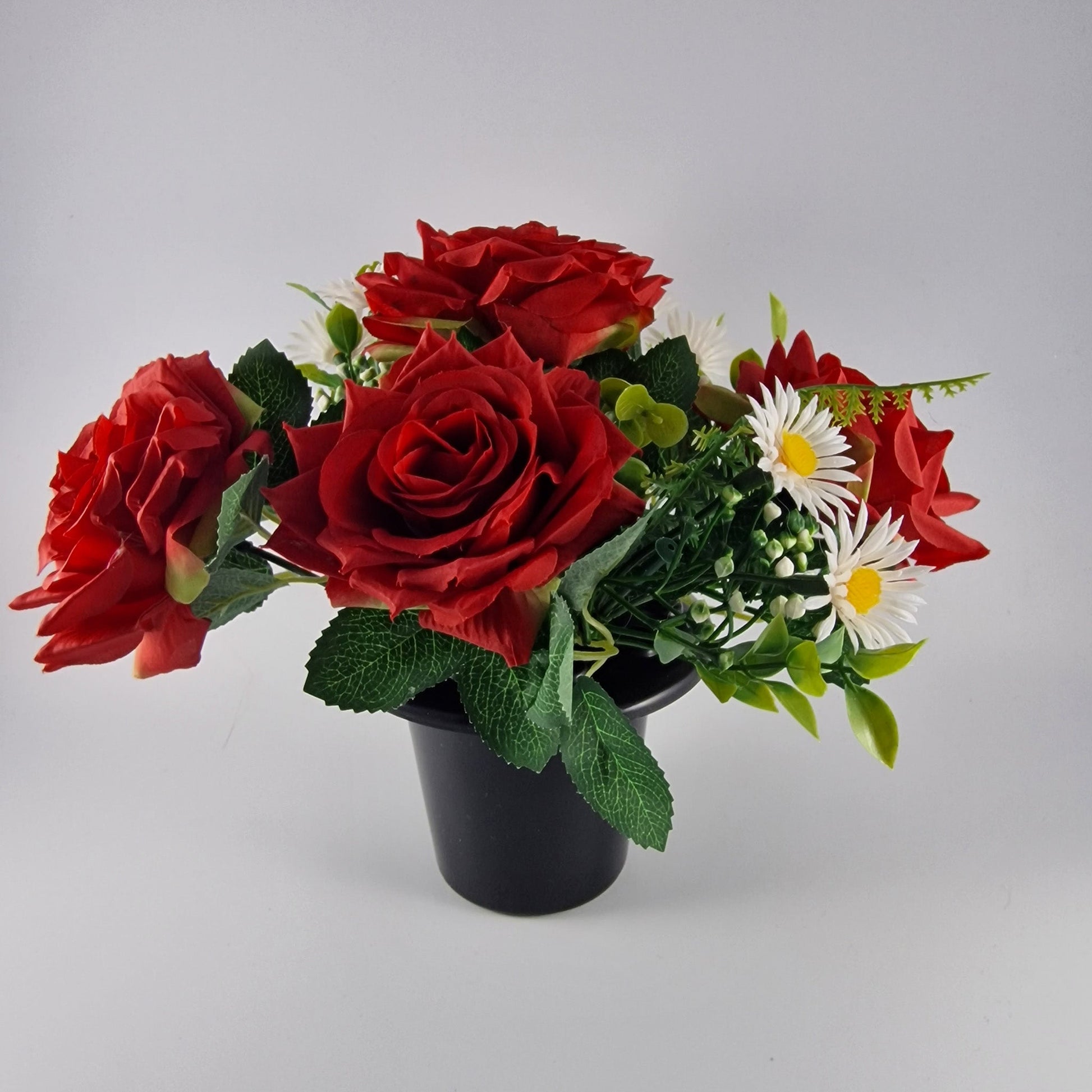 Memorial Grave Cemetery Pot with Red Roses, Daisies and Foliage - Amor Flowers