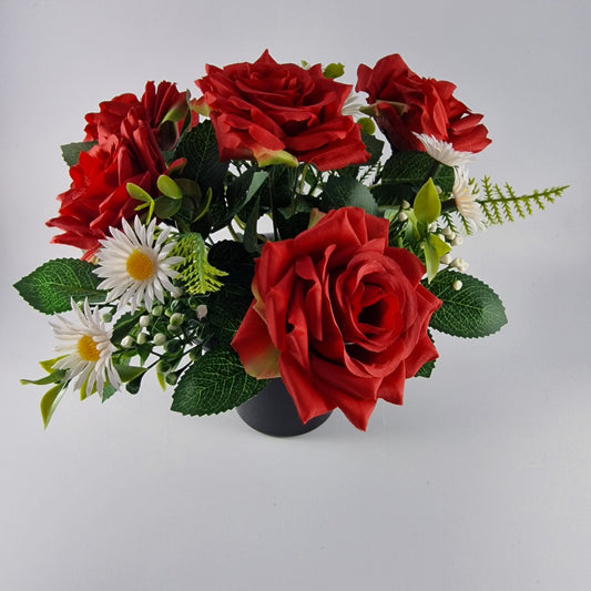 Memorial Grave Cemetery Pot with Red Roses, Daisies and Foliage - Amor Flowers