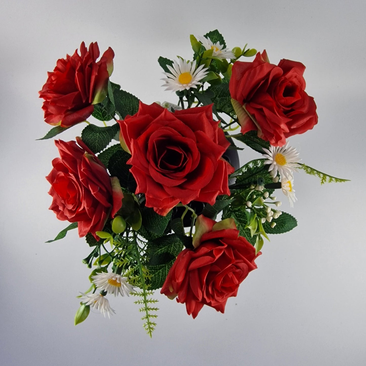 Memorial Grave Cemetery Pot with Red Roses, Daisies and Foliage - Amor Flowers