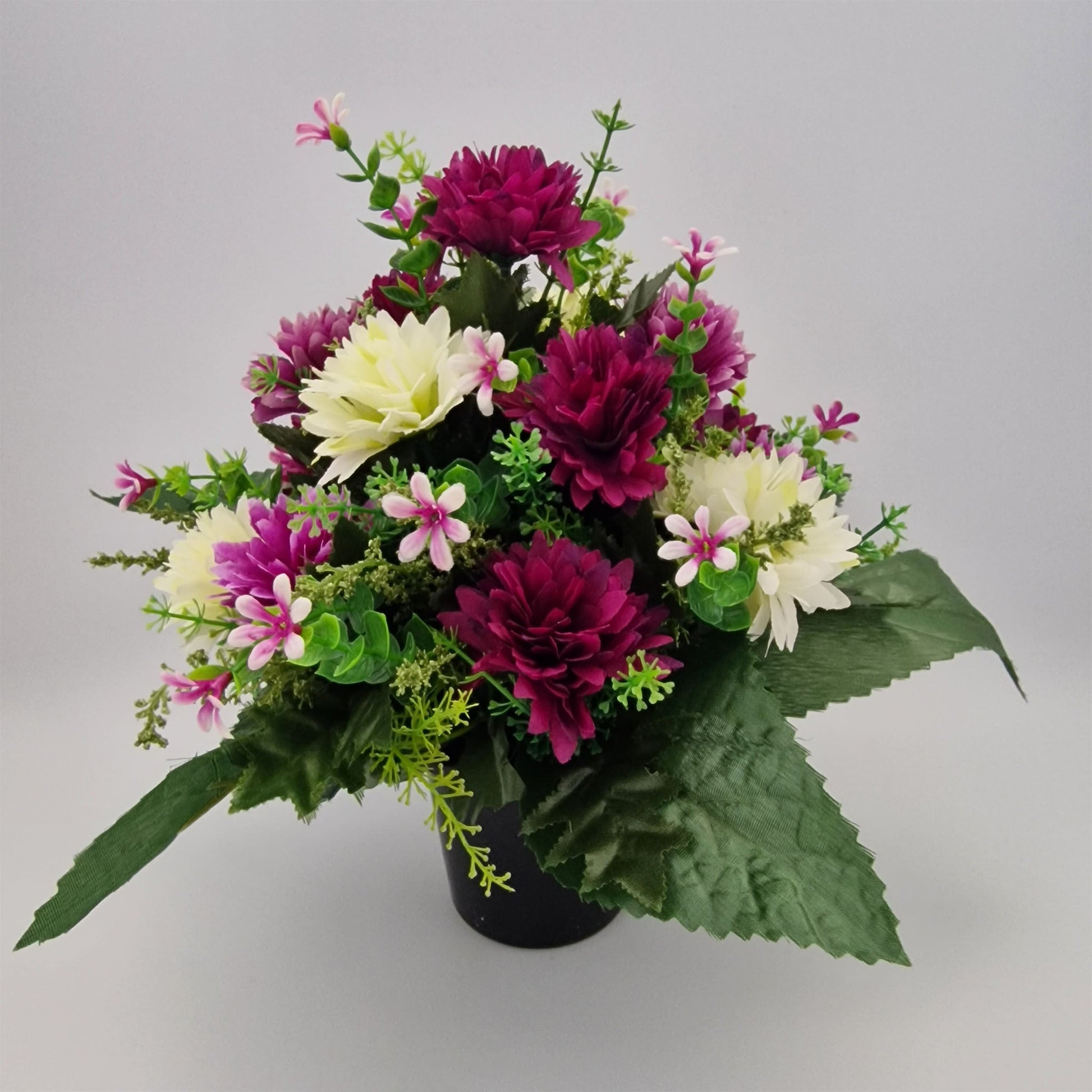 Spikey Chrysanthemum with Foliage Memorial Pot/ Grave Vase - Amor Flowers